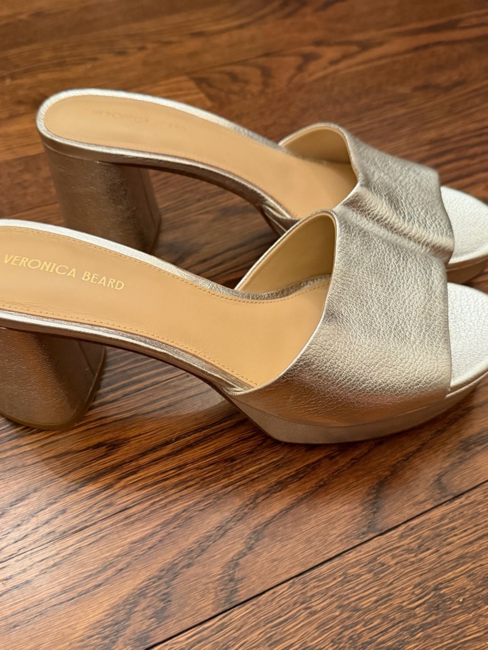 Veronica Beard Shimmery Gold/Champagne Leather Block Heel Mules